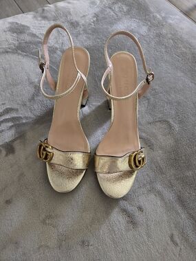 Gucci Metallic Gold GG Buckle Slingback Heels Size 41